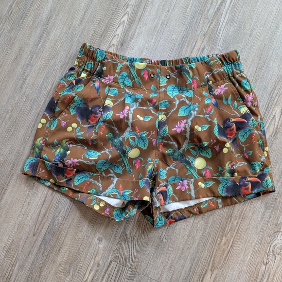 Kavu Pants - Kavu Brown Floral Athletic Shorts with Teal and Purple Accents